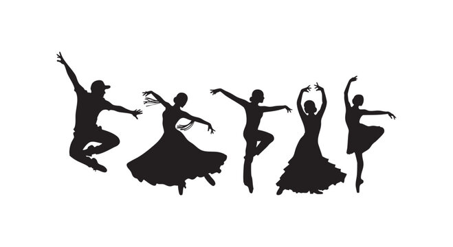Diverse dancers silhouette collection performing ballet contemporary and traditional styles on white background vector.