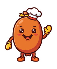 Fototapeta premium Cute Sausage Chef Mascot Character Waving Hello Kawaii Food Illustration