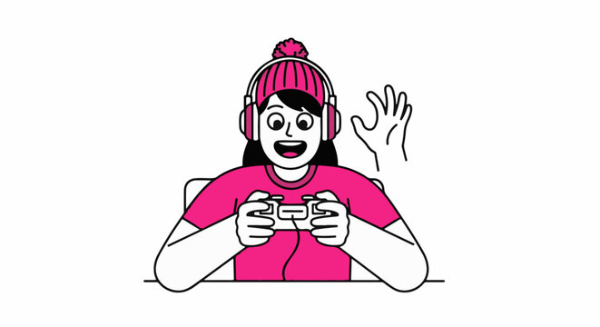 Excited cartoon girl playing video games enthusiastically.