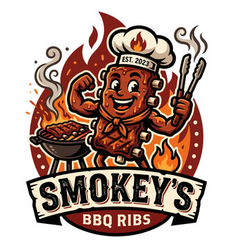 Smokey s BBQ Ribs Cartoon Mascot Chef Flexing Biceps with Flames and Grill Celebrating Delicious Barbecue