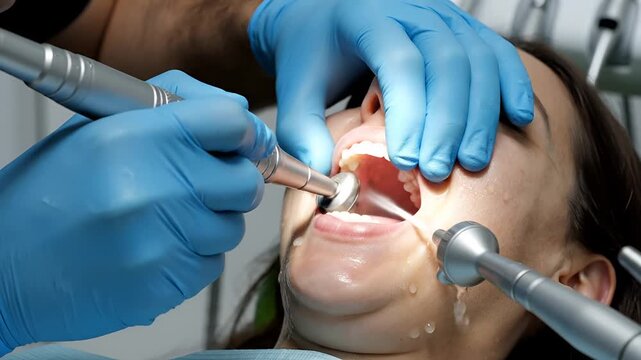 Dentist performing dental procedure on patients teeth with modern equipment.