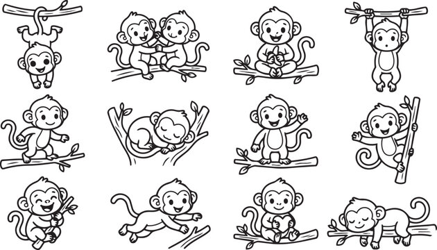 Baby Monkey Hanging from Branch Simple Line Art Vector Illustration