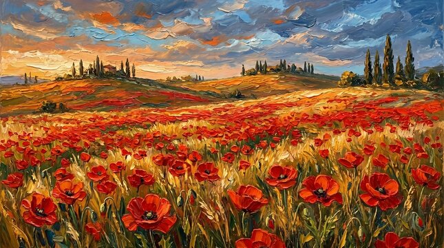 Impressionist Oil Painting of Red Poppy Field in Tuscany Landscape at Sunset