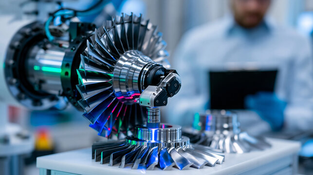 Robotic quality assurance unit uses laser micrometer to measure tolerance on precision machined turbine blades arranged on sterile white inspection table, aerospace engineer annotating deviation rep