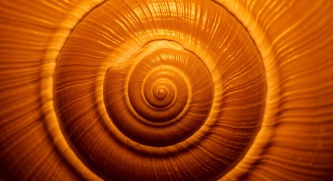 Close-up Macro View of a Snail Shell Spiral Pattern in Warm Orange Tones.