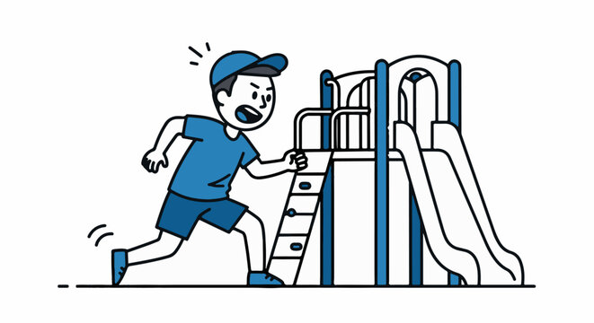 Young boy running and crying near playground slide.