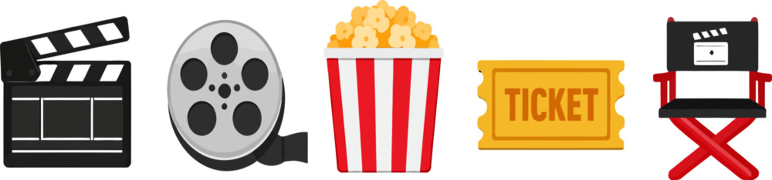 Cinematic elements such as a film clapboard, reel, popcorn bucket, ticket, and director's chair are arranged for use in media, entertainment, or film industry themed designs.