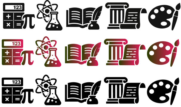 Educational and artistic symbols representing mathematics, science, literature, history, and fine arts, displayed as illustrative icons in solid black and gradient color variations for academic.
