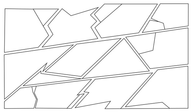 A black and white illustration of a comic book page layout. The page is divided into multiple irregular panels, creating a dynamic and engaging visual flow. This layout is suitable for manga, comic bo