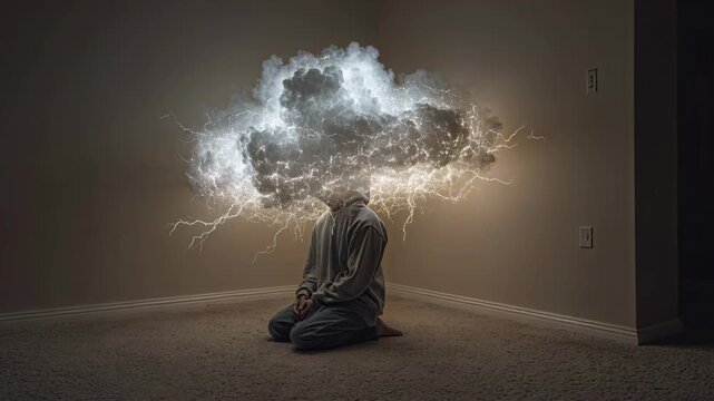 Person Kneeling with Storm Cloud Head Emitting Lightning in Dim Room