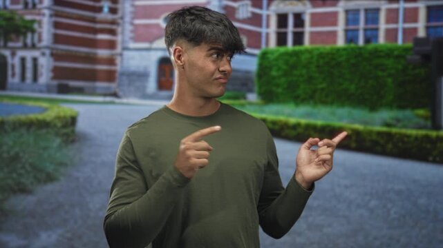Man points index fingers to both sides in green long sleeve shirt in front of a brick building courtyard with hesitant expression; doubt.