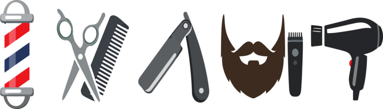 Barber pole, scissors, comb, straight razor, beard, trimmer, and hairdryer icons represent a barber shop's essential grooming tools for men's hair and beard care services.
