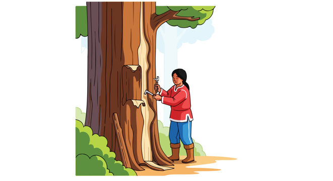 Person carving notches into a large tree trunk