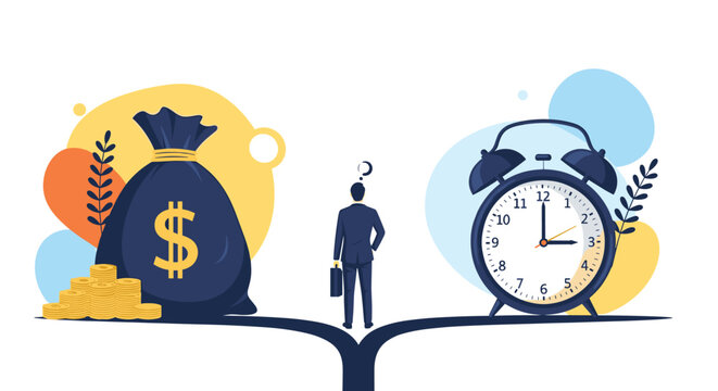 Businessman stands at a fork in the road between a money bag and a large alarm clock, depicting the constant balance between earning and time.