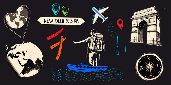 Travel Collage Featuring Globes Airplane And Landmark Illustrations