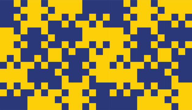 Seamless geometric pattern featuring abstract pixelated shapes in blue and yellow. This modern modular design evokes a sense of digital art, puzzle pieces, or minimalist mosaic aesthetics
