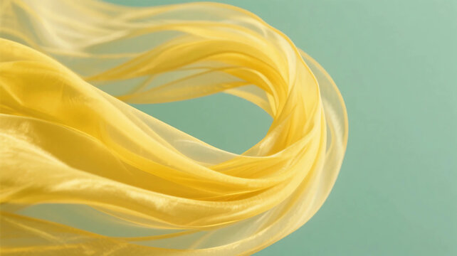 Yellow silk fabric swirling into a circular spiral shape, elegant background