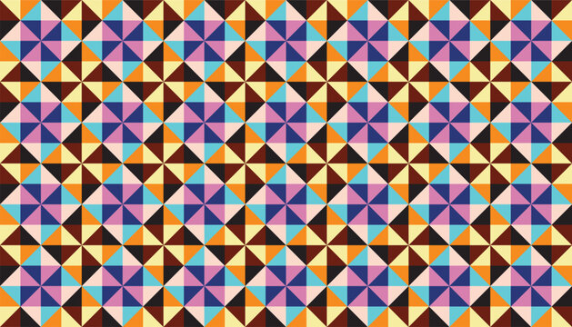 Seamless geometric pattern featuring an intricate arrangement of colorful triangles and squares in a patchwork quilt style. 