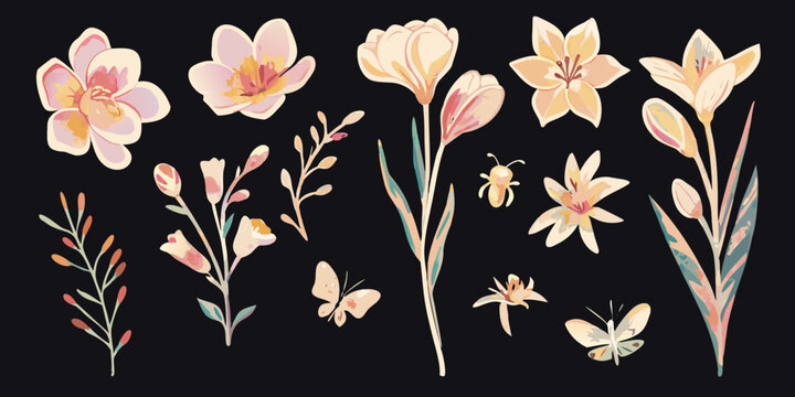 Floral ornament collection pastel colored vector illustration on black background
