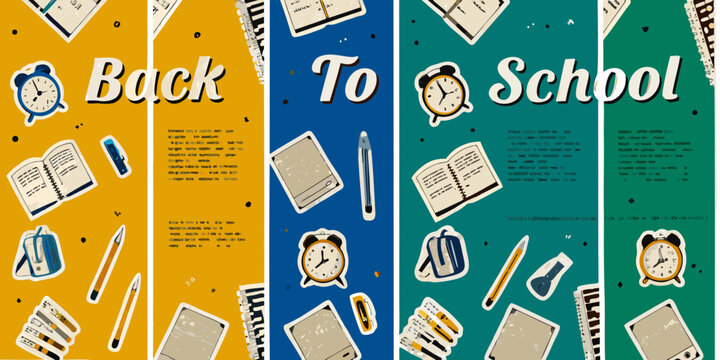 School supplies pattern with notebooks pencils and clocks vector illustration