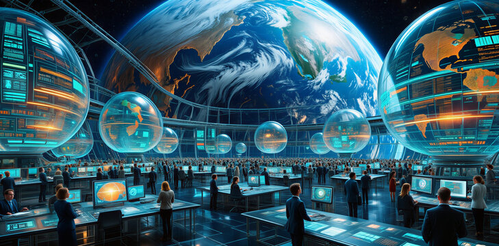 Futuristic command center with digital globes and holographic technology for global data monitoring high tech technology hologram monitoring futuristic communication analysis business