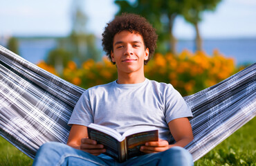 Fototapeta premium Young man with afro reading book in hammock at park