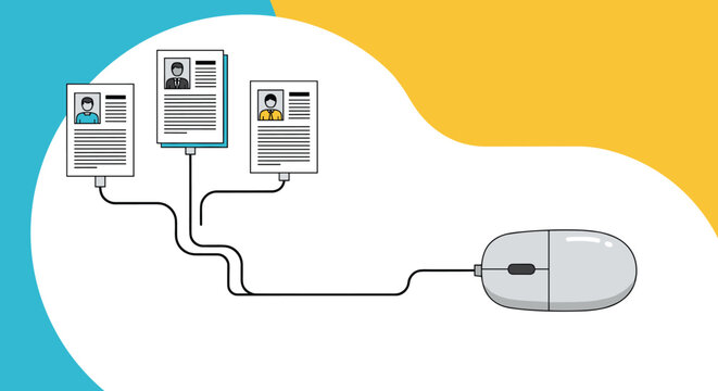Computer mouse is connected to three different resumes or CVs, representing the process of online job recruitment and a digital talent search.