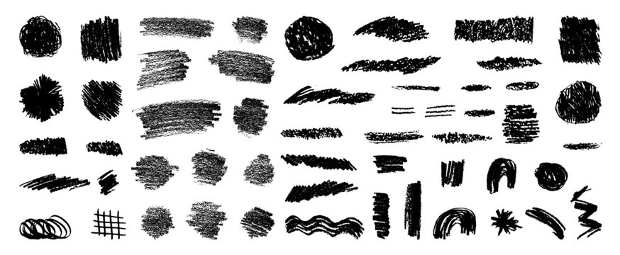 Crayon doodle scratch set. Pencil scribble textures. Vector charcoal brush strokes. Hand-drawn kids chalk lines, stars, squiggles, rainbow, laca and underlines. Abstract black charcoal highlights bg