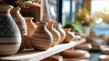 Obraz premium A close up of soft kiln fired ceramic vases rests on a bright shelf in a calm pottery studio in soft daylight fired ceramics faceless still softly defocused backdrop bright