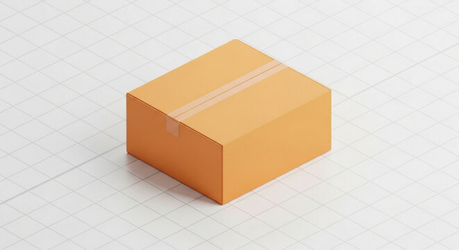 Minimalist 3D isometric render of an orange cardboard delivery box on white grid background