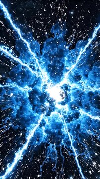 Blue Particle Explosion in Dark Space with Radiant Lines - A vibrant blue explosion erupts in the darkness of space, characterized by radiant lines and scattered sparks.