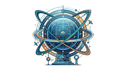 Abstract representation of a scientific gyroscope with orbiting rings. © yuzong
