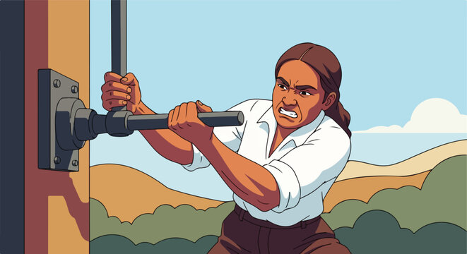 Woman straining to turn a large industrial lever