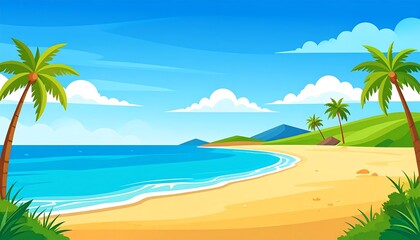 Obraz premium Cartoon-style coastal scene. A bright blue sky is above the water. A sandy beach with lush greenery. Palm trees sway as the waves roll in
