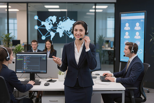 Professional support agent wearing headset representing global communication, customer service, and advanced digital assistance technologies.