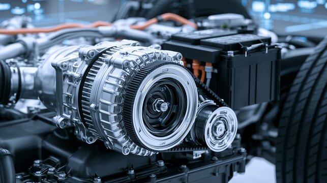 Medium shot of a light trucks powertrain featuring a 48V mild hybrid beltdriven startergenerator module with accompanying electronic controller setup.