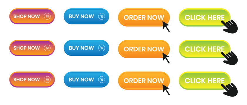 Shop now, buy now button. Set of order now, click now  button. Vector illustration.