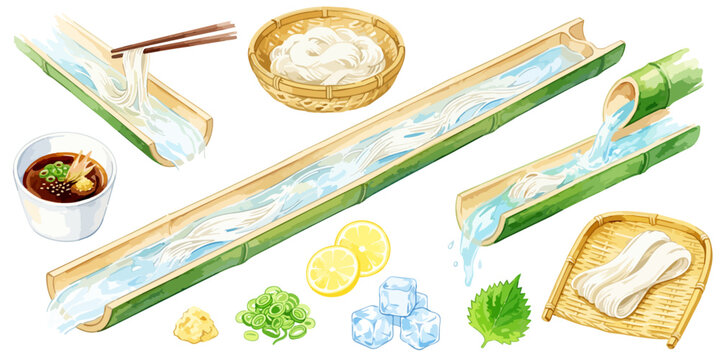 流しそうめんのイラストセット,水彩風の夏限定和食メニュー,箸上げと薬味パーツ素材集,日本の夏の風物詩ベクター