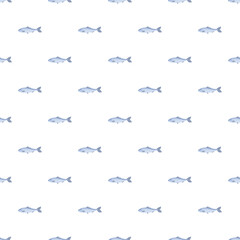 Fototapeta premium Blue fish swimming in an aquatic seamless pattern on a white background