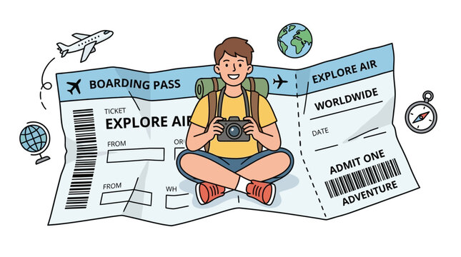 Cartoon Vector Illustration of a Traveling Character with a Boarding Pass and Backpack, Ready for Adventure and Exploration
