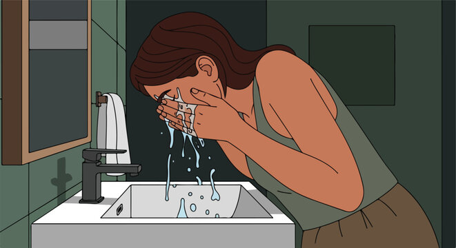 Woman washing her face at sink
