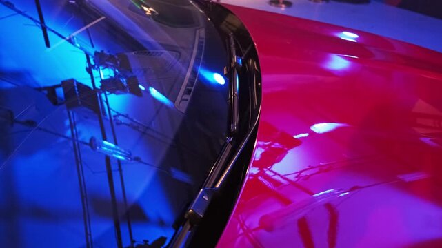 Artistic close-up of glossy hood reflections and windshield detail on a luxury sports sedan under dramatic blue and red neon lighting in a premium showroom environment.