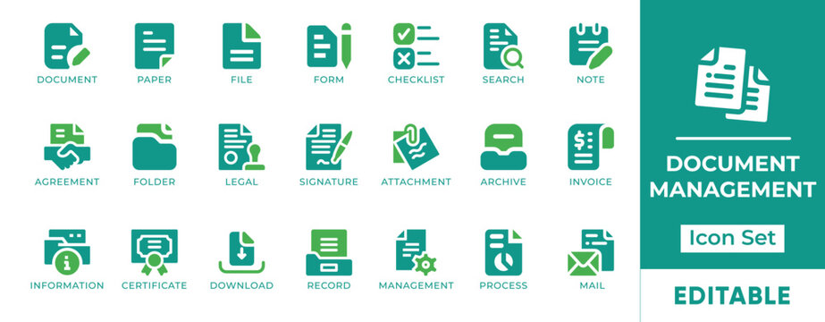 Document Management File Folder Icon Set - Corporate paperwork, legal signature, invoice billing, and digital archive icons.