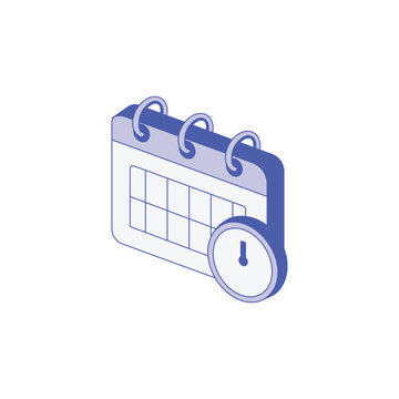 Blue isometric calendar and clock icon representing scheduling