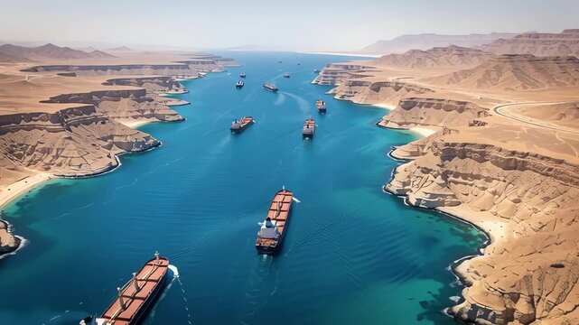 Oil tanker fleet and cargo ships navigating the narrow Strait of Hormuz in aerial view representing international shipping and energy security
