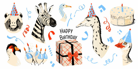 Obraz premium Animal illustrations with birthday elements watercolor style