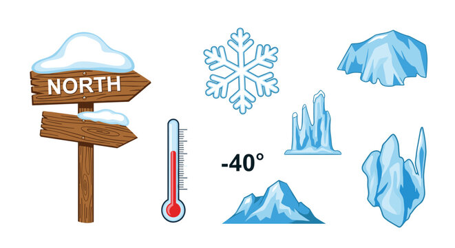 Collection of arctic and cold weather elements featuring a north wooden signpost and icy mountain peaks on white.