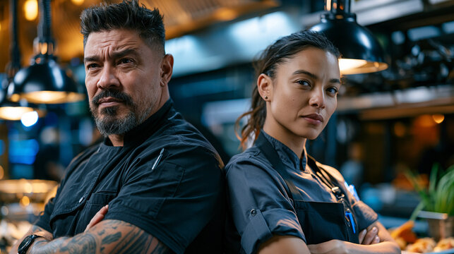 Veteran chef and culinary apprentice standing back to back in industrial kitchen, problem solution tension visible as expeditor calls orders, candid unposed moment of mentorship under pressure, stai