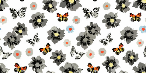 Floral And Butterfly Pattern With Varied Colors On White Background © Hemlata