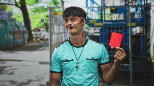 Man referee in uniform holding red card with headset and whistle visible on street near gate and dumpster; confidence discipline.